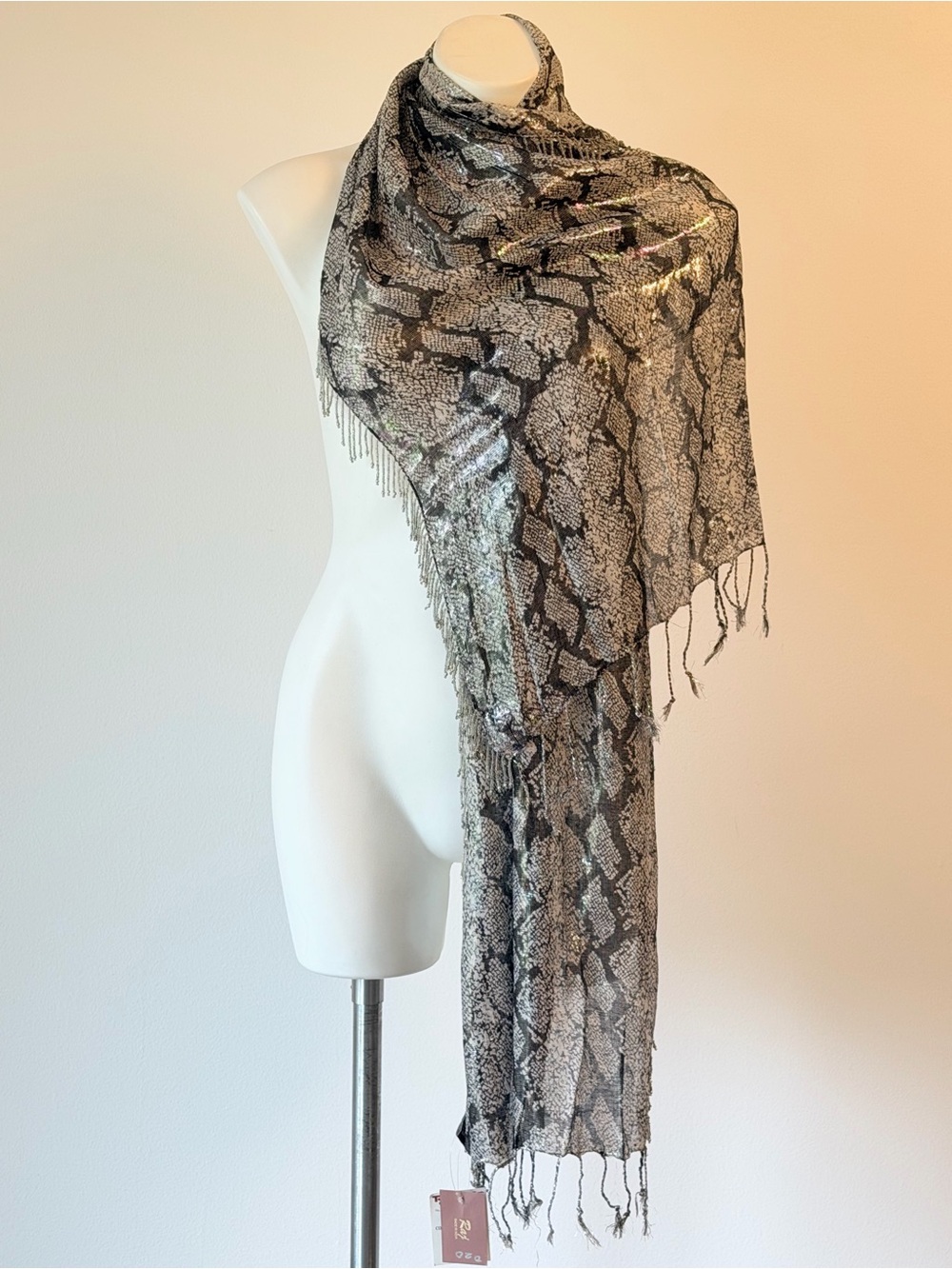 Raj Metallic Snake-Print Beaded Fringe Wrap in Black & Grey